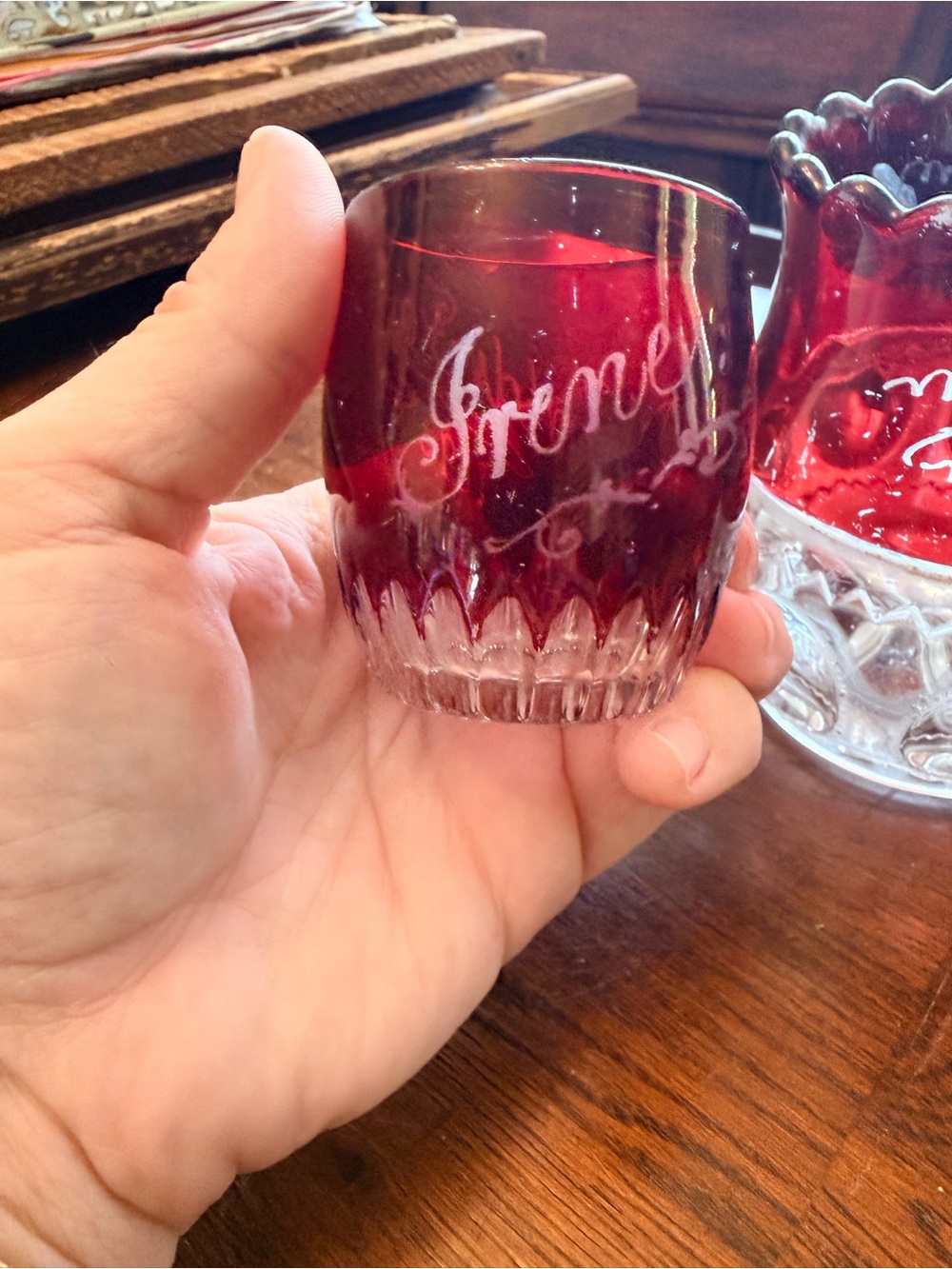 Vintage 1893 World Fair Ruby Red and Clear Etched Glass Votive / Candy Dish - Picture 3 of 6